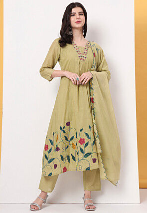 Embroidered Pure Cotton A Line Suit in Dusty Green