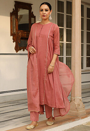 Embroidered Pure Cotton A Line Suit in Peach