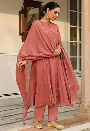 Embroidered Pure Cotton A Line Suit in Peach
