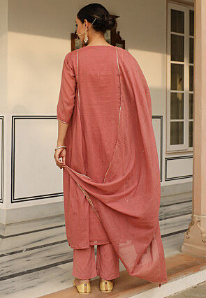 Embroidered Pure Cotton A Line Suit in Peach