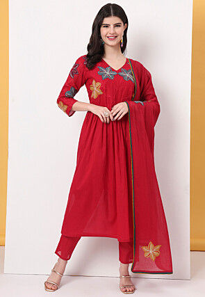 Embroidered Pure Cotton A Line Suit in Red
