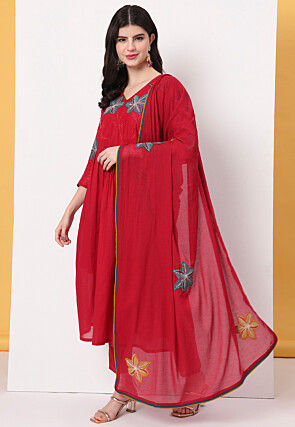 Embroidered Pure Cotton A Line Suit in Red