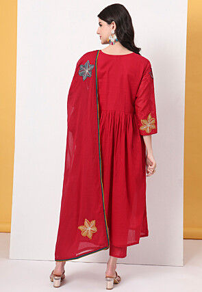 Embroidered Pure Cotton A Line Suit in Red