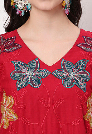 Embroidered Pure Cotton A Line Suit in Red