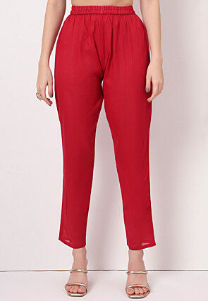 Embroidered Pure Cotton A Line Suit in Red