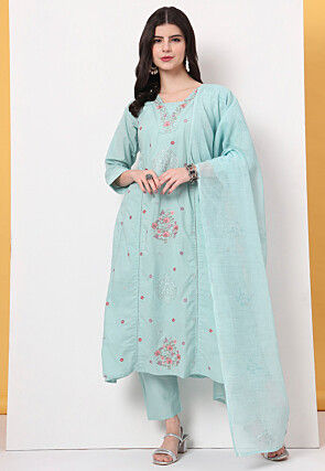 Embroidered Pure Cotton A Line Suit in Sea Green