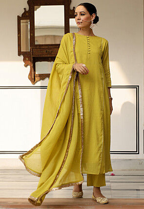 Embroidered Pure Cotton A Line Suit in Yellow