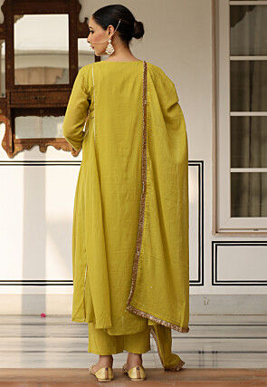 Embroidered Pure Cotton A Line Suit in Yellow