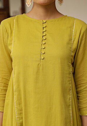 Embroidered Pure Cotton A Line Suit in Yellow