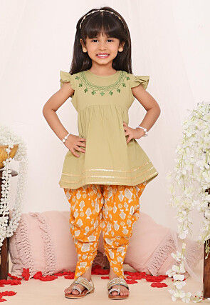 Embroidered Pure Cotton Aline Kurta Set in Dusty Green