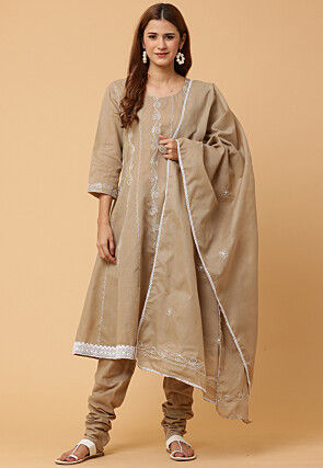 Embroidered Pure Cotton Anarkali Suit in Dark Beige