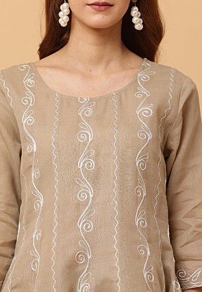 Embroidered Pure Cotton Anarkali Suit in Dark Beige