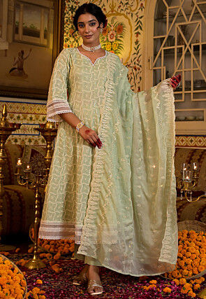 Embroidered Pure Cotton Anarkali Suit in Green