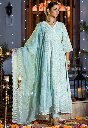 Embroidered Pure Cotton Anarkali Suit in Light Blue