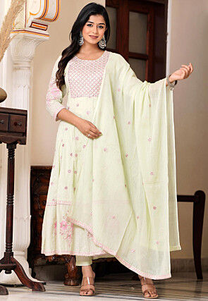 Embroidered Pure Cotton Anarkali Suit in Light Green