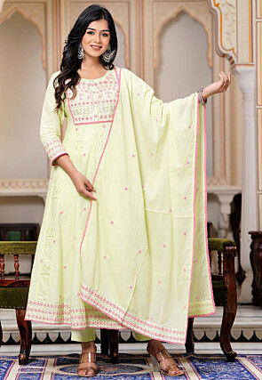 Embroidered Pure Cotton Anarkali Suit in Light Green