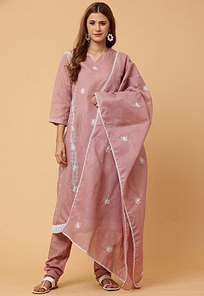 Embroidered Pure Cotton Anarkali Suit in Light Old Rose