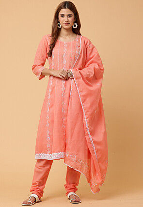 Embroidered Pure Cotton Anarkali Suit in Peach