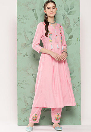 Embroidered Pure Cotton Anarkali Suit in Pink