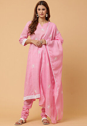 Embroidered Pure Cotton Anarkali Suit in Pink