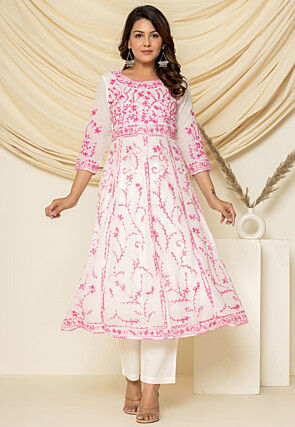 Embroidered Pure Cotton Anarkali Suit in White