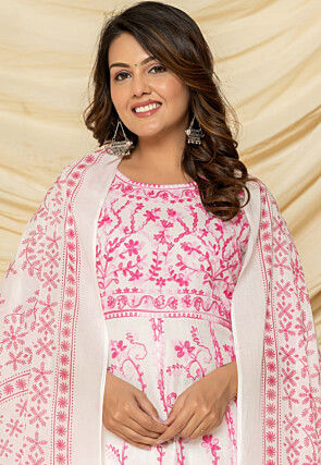 Embroidered Pure Cotton Anarkali Suit in White