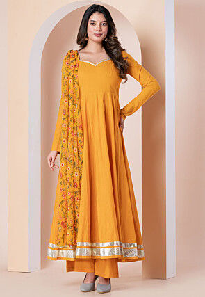 Embroidered Pure Cotton Anarkali Suit in Yellow