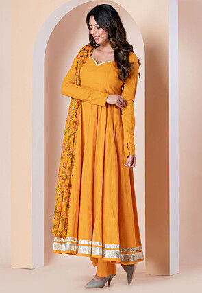 Embroidered Pure Cotton Anarkali Suit in Yellow