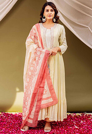 Embroidered Pure Cotton and Cotton Lurex Pakistani Suit in Light Beige