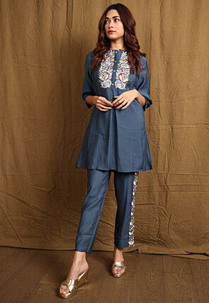 Embroidered Pure Cotton Co Ord Set in Dusty Blue