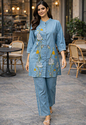 Embroidered Pure Cotton Co Ord Set in Light Blue