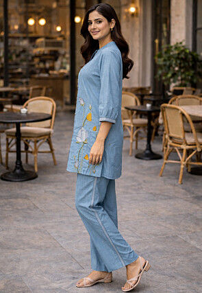 Embroidered Pure Cotton Co Ord Set in Light Blue