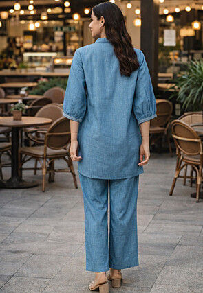Embroidered Pure Cotton Co Ord Set in Light Blue