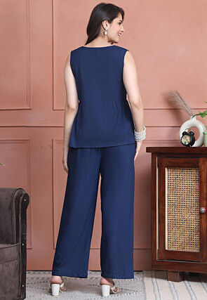 Embroidered Pure Cotton Co Ord Set in Navy Blue