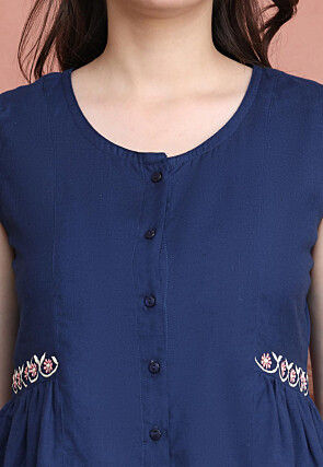 Embroidered Pure Cotton Co Ord Set in Navy Blue