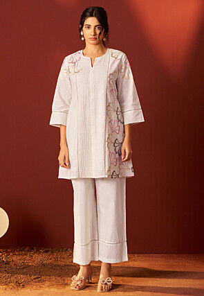 Embroidered Pure Cotton Co Ord Set in Off White