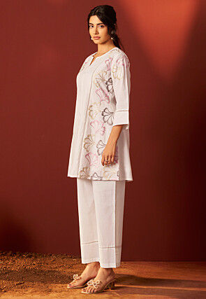 Embroidered Pure Cotton Co Ord Set in Off White