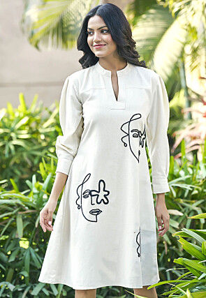 Embroidered Pure Cotton Dress in Off White