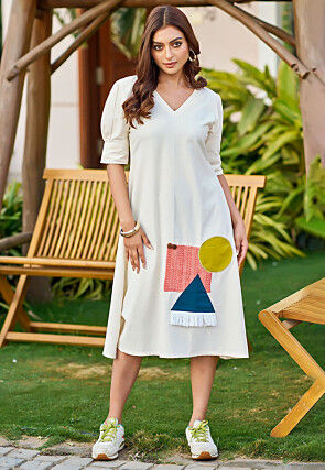 Embroidered Pure Cotton Dress in Off White