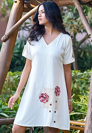 Embroidered Pure Cotton Dress in Off White