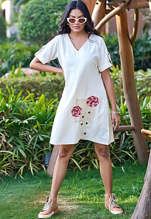Embroidered Pure Cotton Dress in Off White