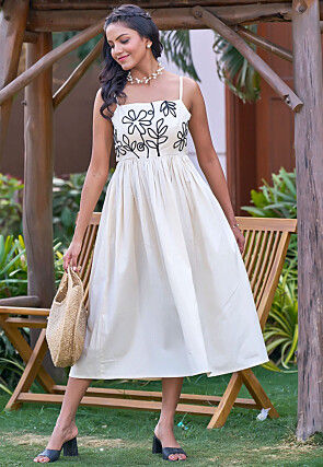 Embroidered Pure Cotton Dress in Off White