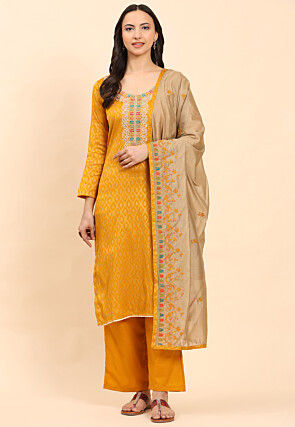 Embroidered Pure Cotton Jacquard Pakistani Suit in Mustard