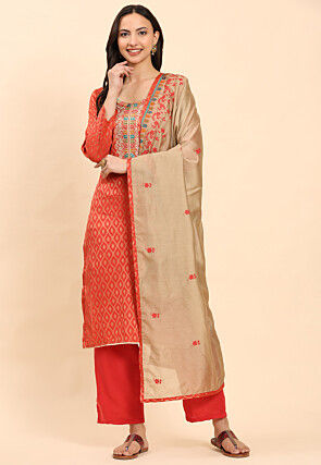 Embroidered Pure Cotton Jacquard Pakistani Suit in Red