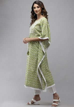 Embroidered Pure Cotton Kaftan Style Kurta in Light Green