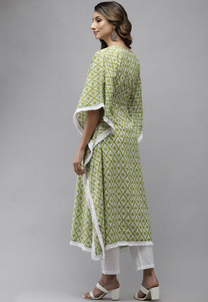 Embroidered Pure Cotton Kaftan Style Kurta in Light Green