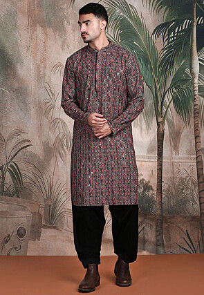 Embroidered Pure Cotton Kurta in Black and Multicolor