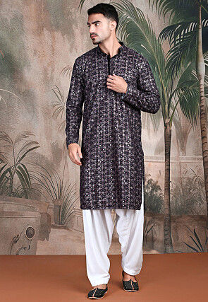 Embroidered Pure Cotton Kurta in Black and Multicolor