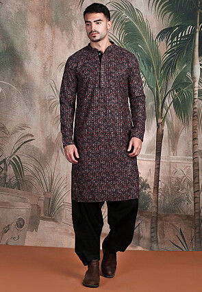 Embroidered Pure Cotton Kurta in Black and Multicolor