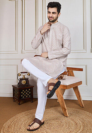 Embroidered Pure Cotton Kurta in Light Beige